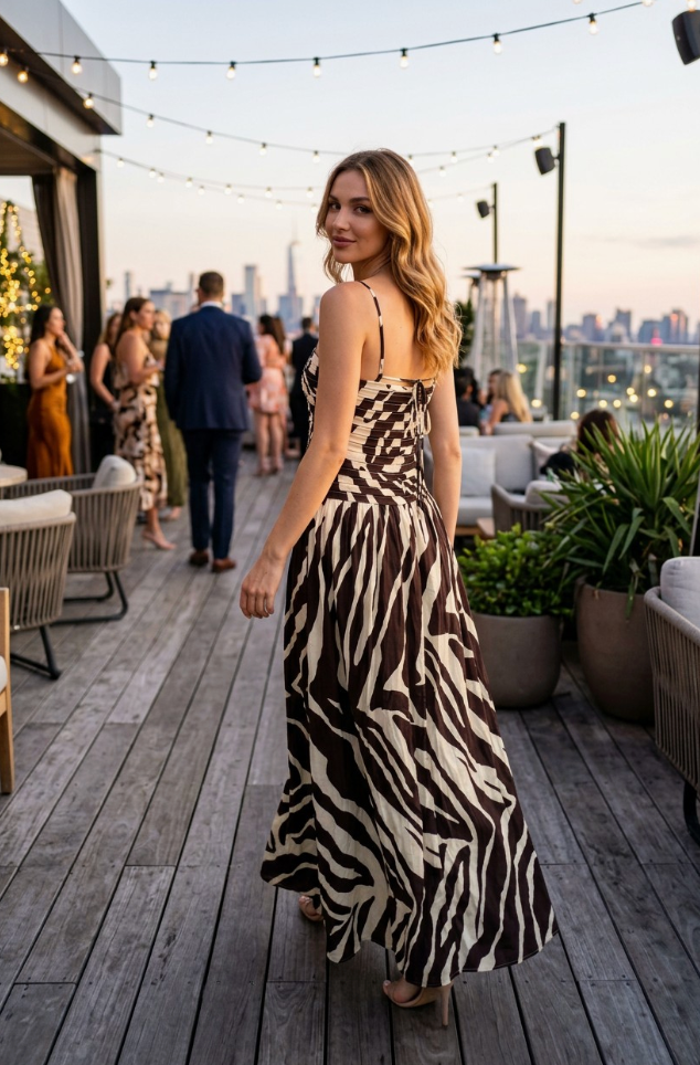 A woman wearing a brown and beige zebra-print maxi dress walks on a rooftop terrace at dusk with a city skyline in the background.