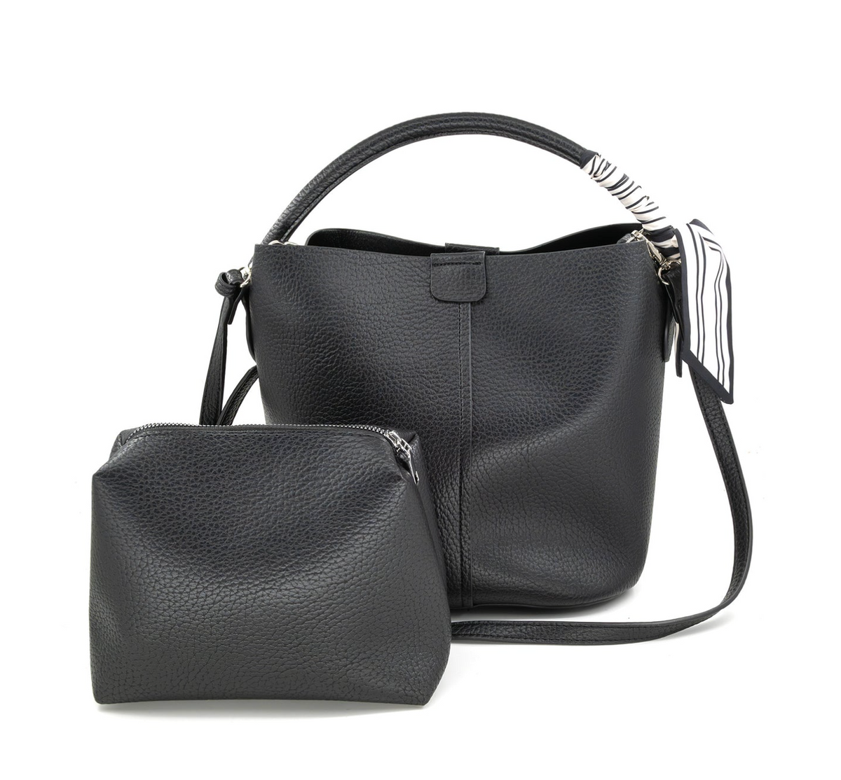 A black pebbled leather bucket bag with a matching zippered pouch, featuring a black-and-white striped fabric accent on the handle and a hanging tag, set against a plain white background.