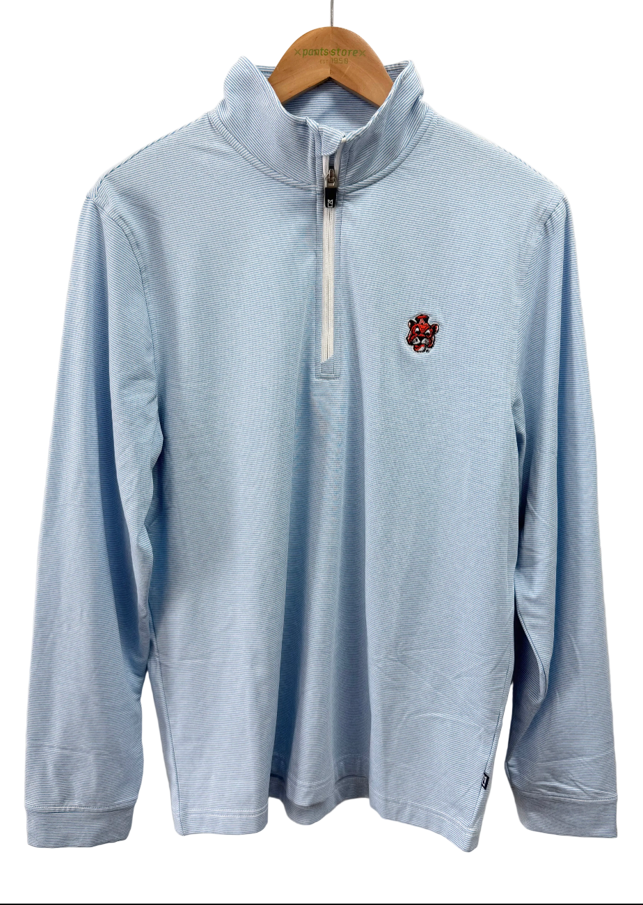 A light blue long-sleeve quarter-zip pullover sweatshirt hanging on a wooden hanger against a white background. The left chest features a small embroidered red and black crest logo.