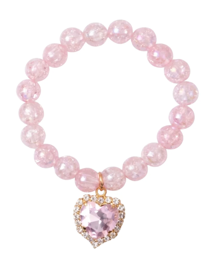 Pink beaded stretch bracelet featuring a sparkling heart-shaped gemstone charm with gold-tone detailing.