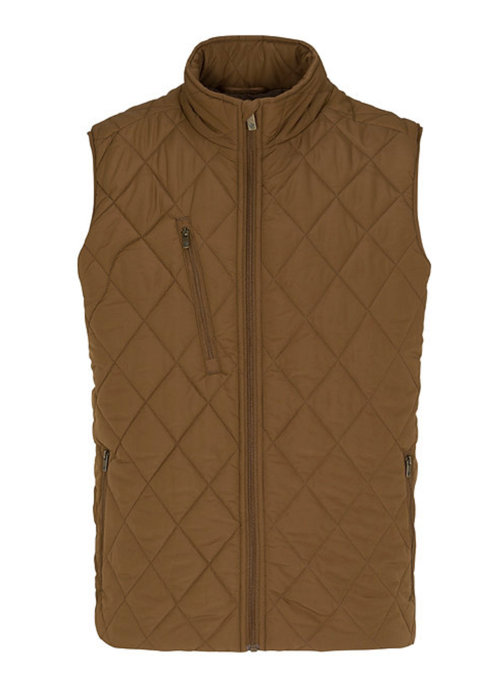 A brown diamond-quilted zip-front vest displayed on a white webpage mockup, with browser tabs and interface elements visible around it.