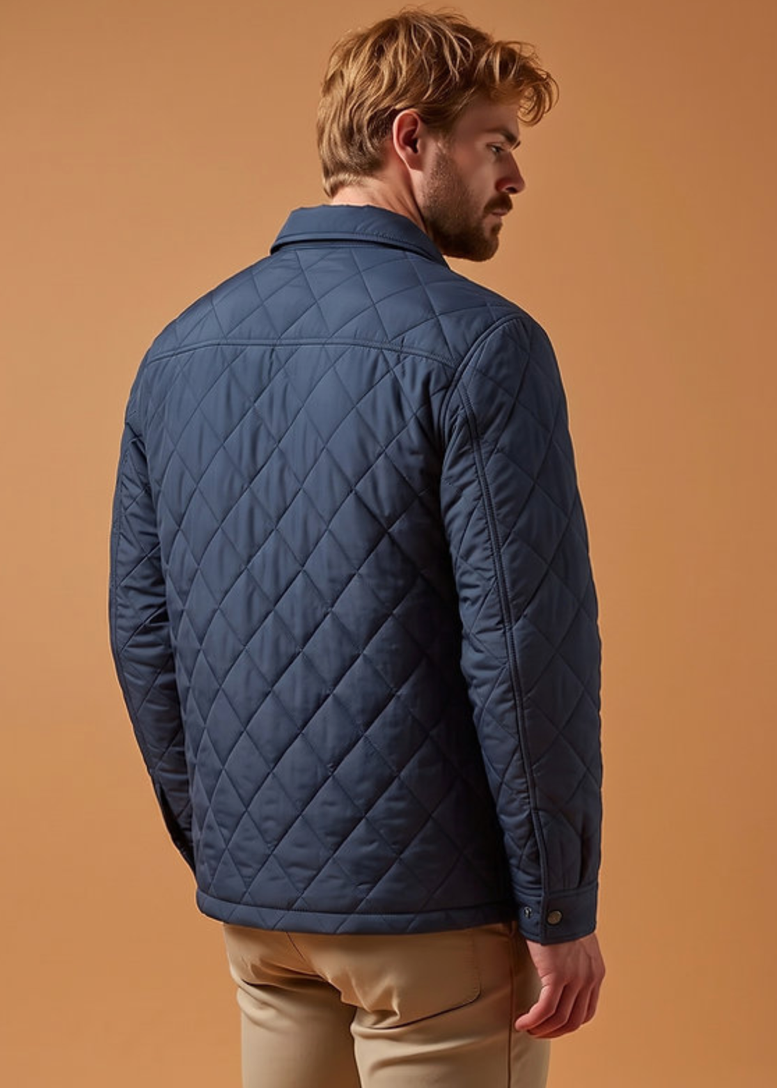 A man wearing a navy blue quilted jacket, shown from the back, against a solid tan background. The image is captured within a Shopify browser screenshot showing product navigation elements.
