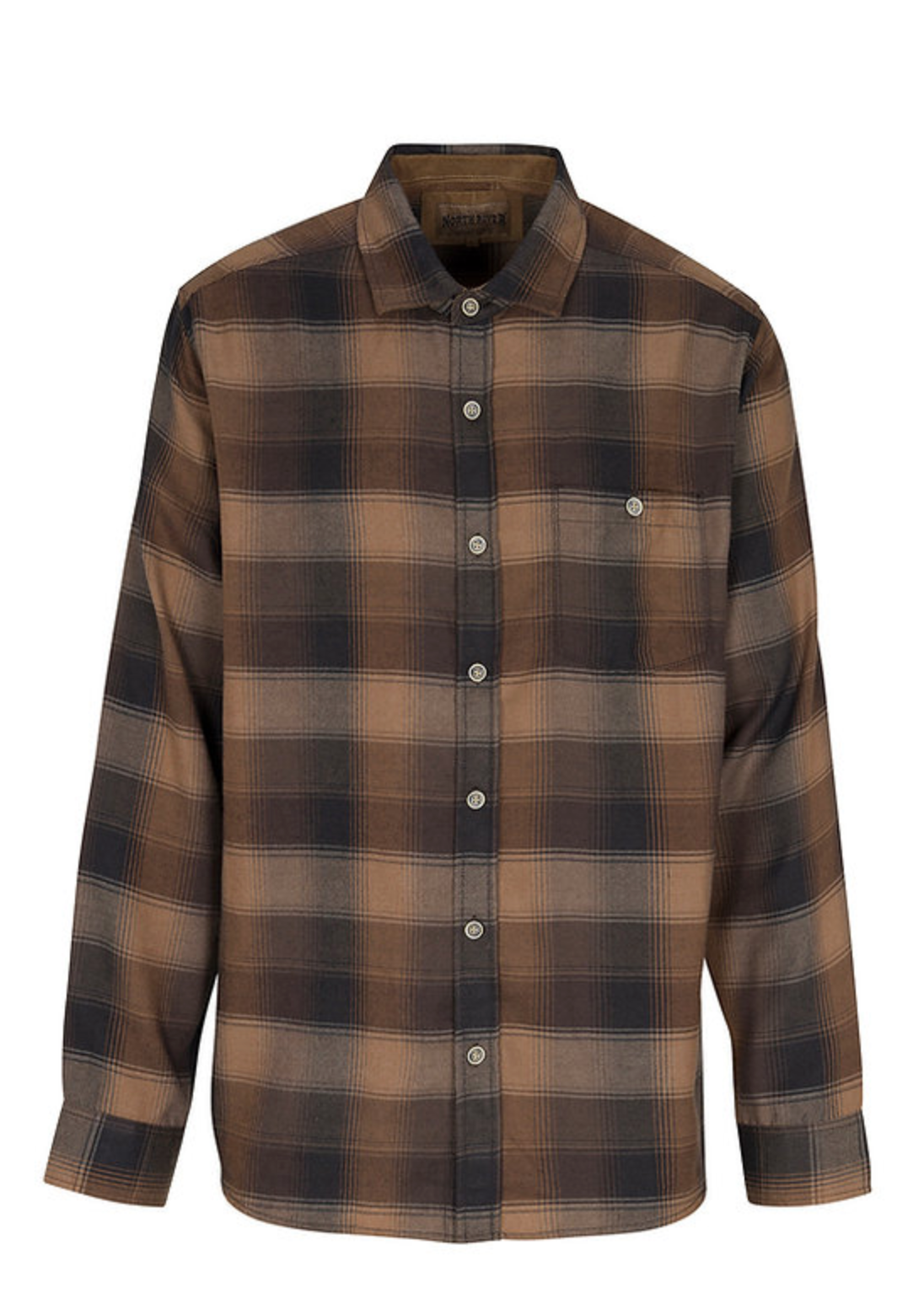 A brown and black plaid long-sleeve button-up shirt displayed on a white webpage background.