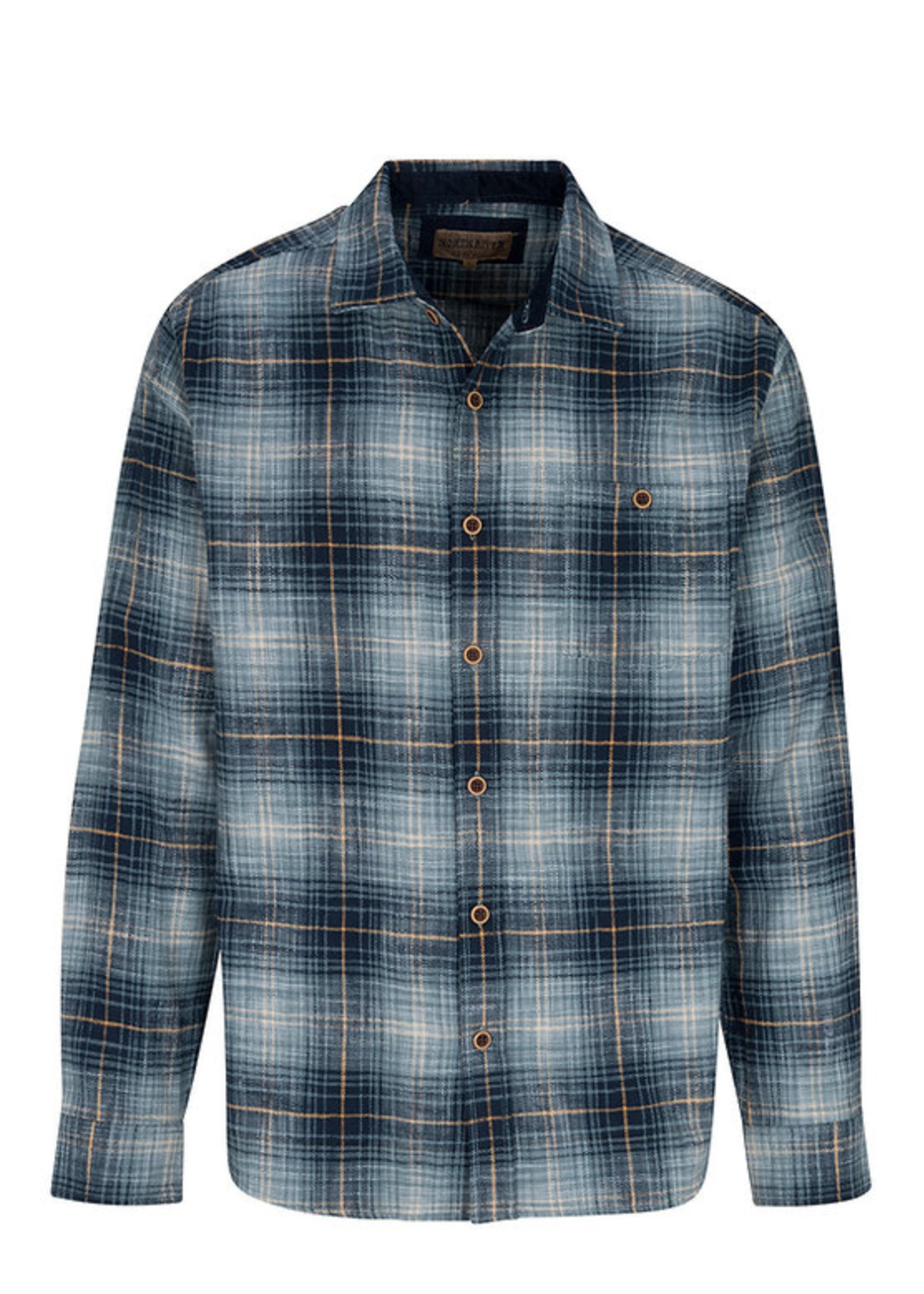 A long-sleeve plaid button-up shirt shown on a white e-commerce page. The shirt features a blue, gray, and white plaid pattern with thin orange and yellow lines, and a small embroidered logo on the left chest.