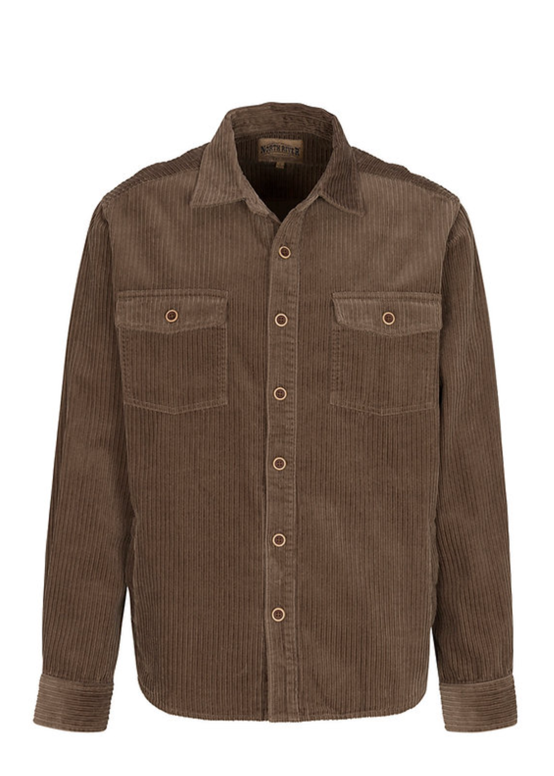A brown corduroy button-up shirt jacket with two chest pockets, displayed on a white webpage background.