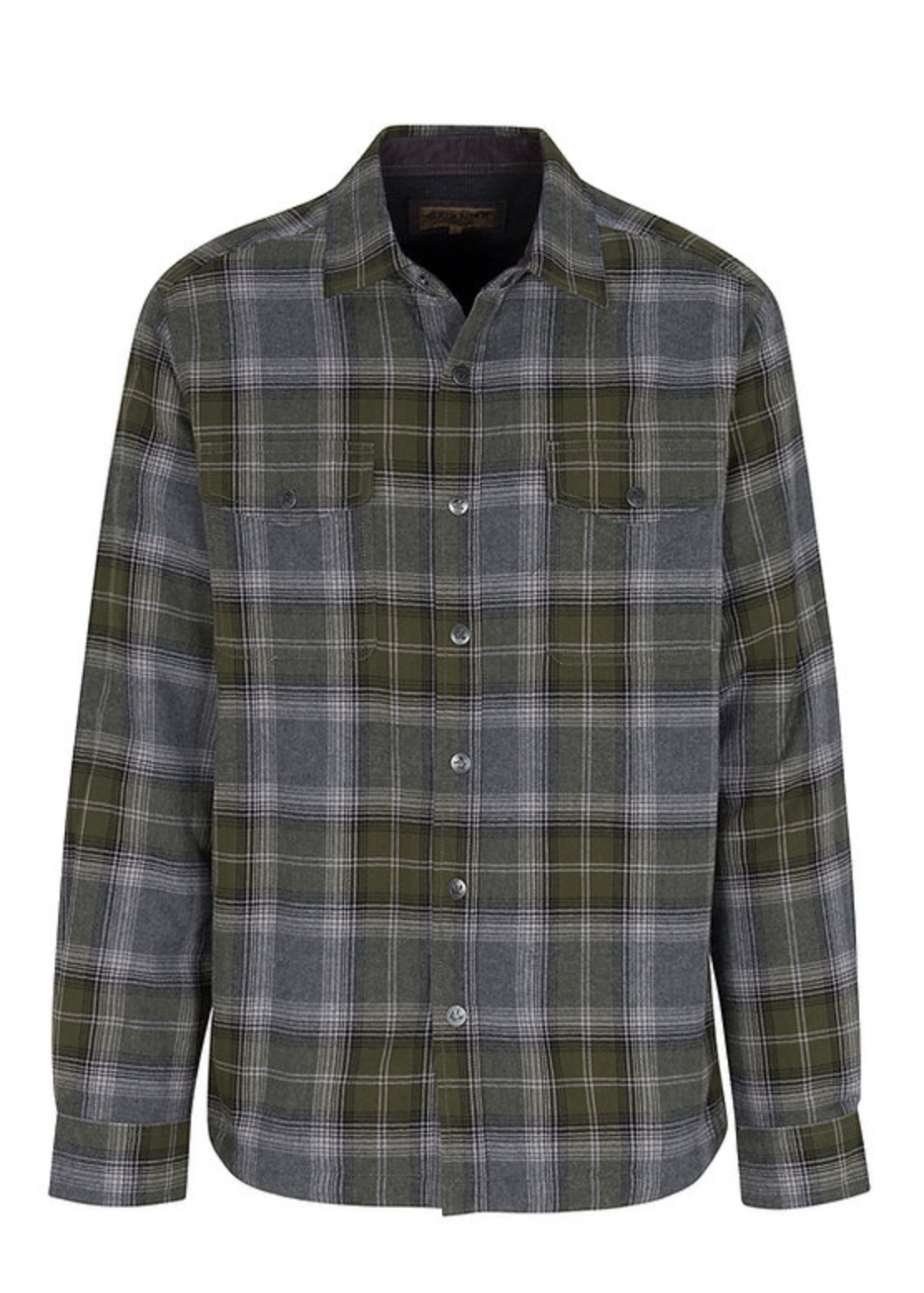 A long-sleeve button-up plaid shirt shown on a white product page, with a gray, green, and brown check pattern and a chest pocket.