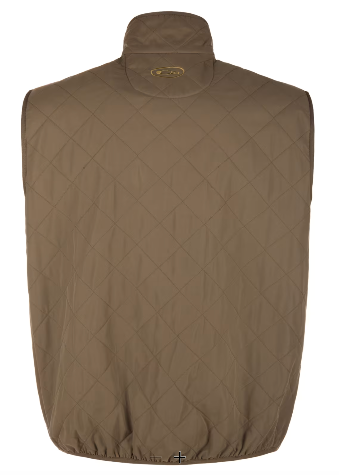 A brown quilted sleeveless vest or puffer jacket shown from the back on a white webpage mockup, with a Chrome browser interface and macOS dock visible around the edges.