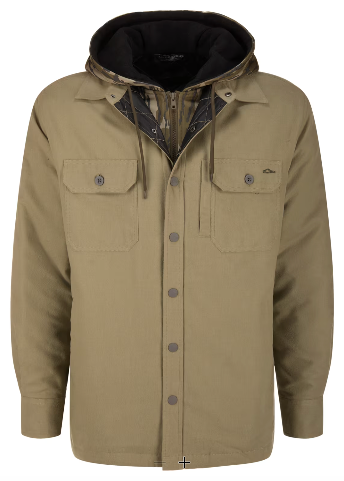 A tan hooded jacket displayed on a white screen within a Chrome browser window. The jacket has a tan outer shell, a dark camouflage-lined hood, and two front chest pockets with button flaps.