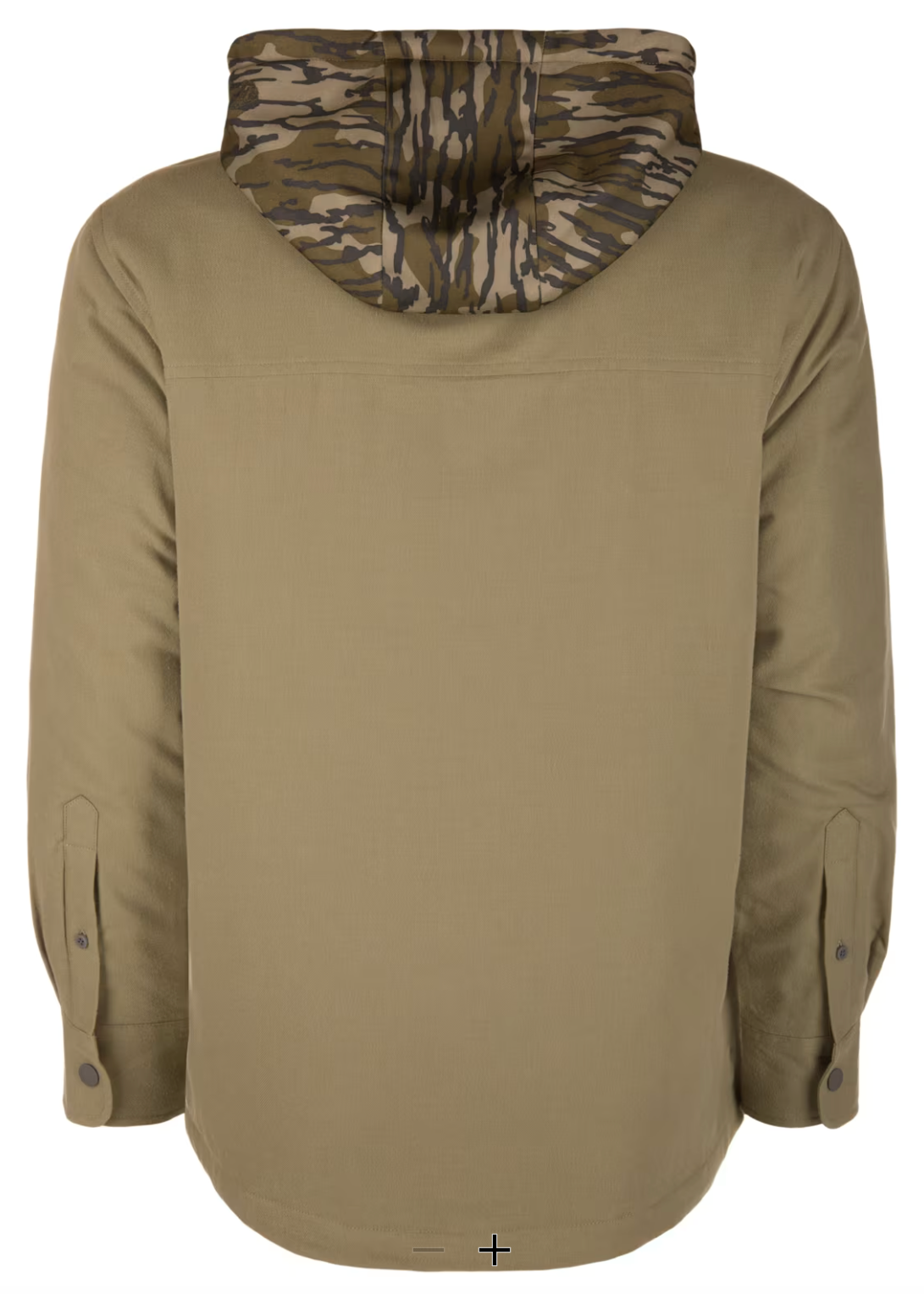 A tan hooded jacket with a camouflage-patterned hood lining, shown from the back on a white screen within a web browser interface.