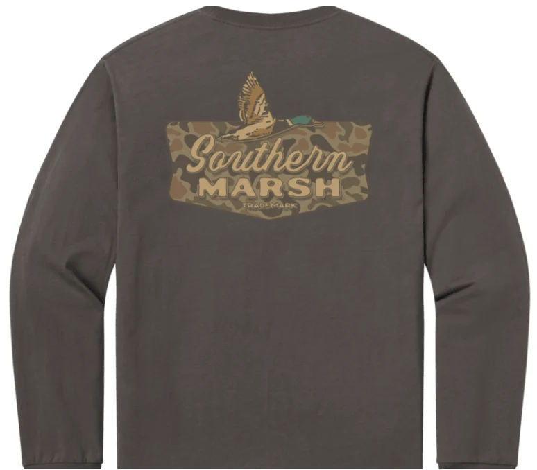 A dark gray long-sleeve t-shirt shown from the back, featuring a camouflage graphic with a duck and the text 'Southern Marsh' in tan and brown.