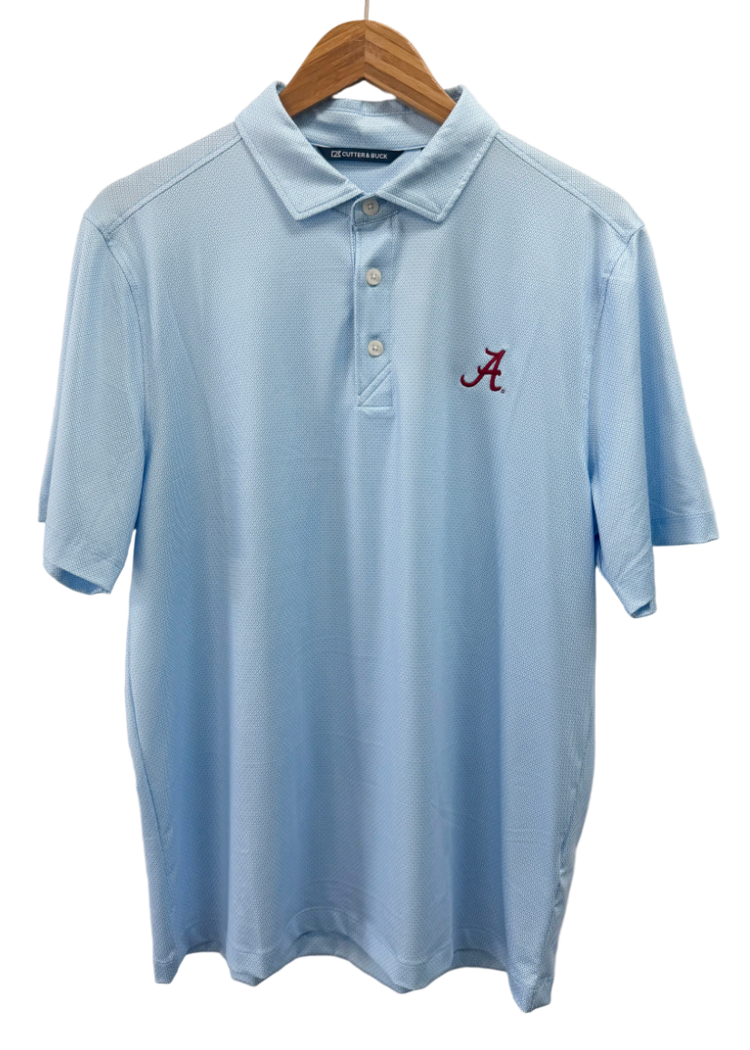 A light blue short-sleeve polo shirt hanging on a wooden hanger against a white background, featuring a red embroidered script 'A' logo on the left chest.