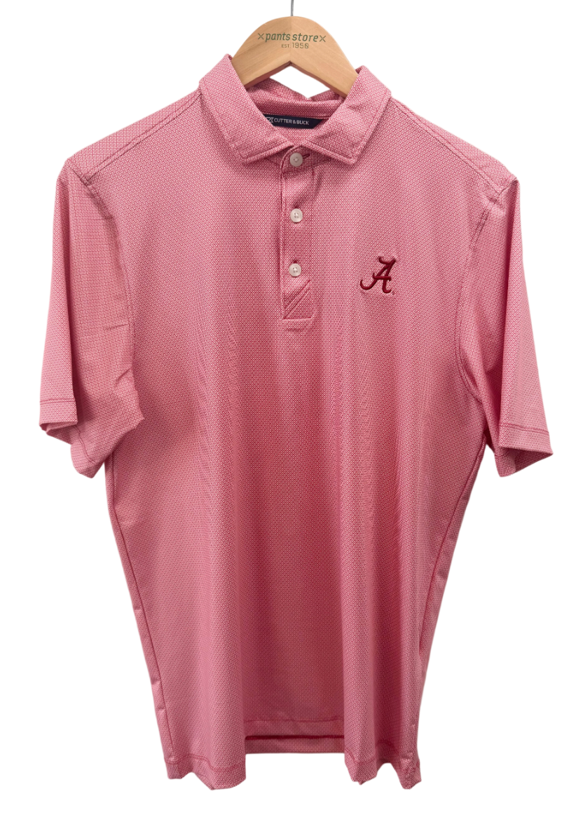 A pink short-sleeve polo shirt with a textured micro-pattern, featuring a three-button placket and a dark red embroidered script 'A' logo on the left chest, hanging on a wooden hanger against a white background.