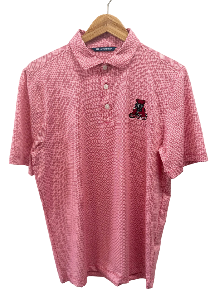 A pink short-sleeve polo shirt with a textured micro-dot pattern, featuring a small embroidered logo of a red and black bear holding a golf ball on the left chest, hanging on a wooden hanger against a white background.