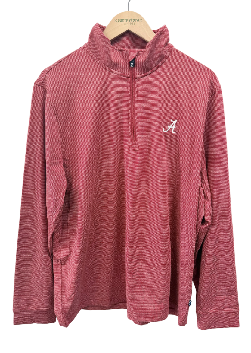 A heathered dusty rose long-sleeve quarter-zip pullover sweatshirt with a white embroidered Alabama 'A' logo on the left chest, hanging on a wooden hanger against a white background.