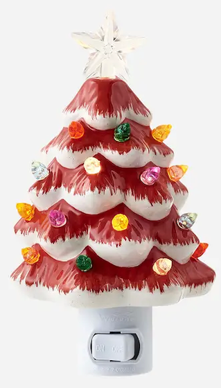 Red ceramic Christmas tree night night.