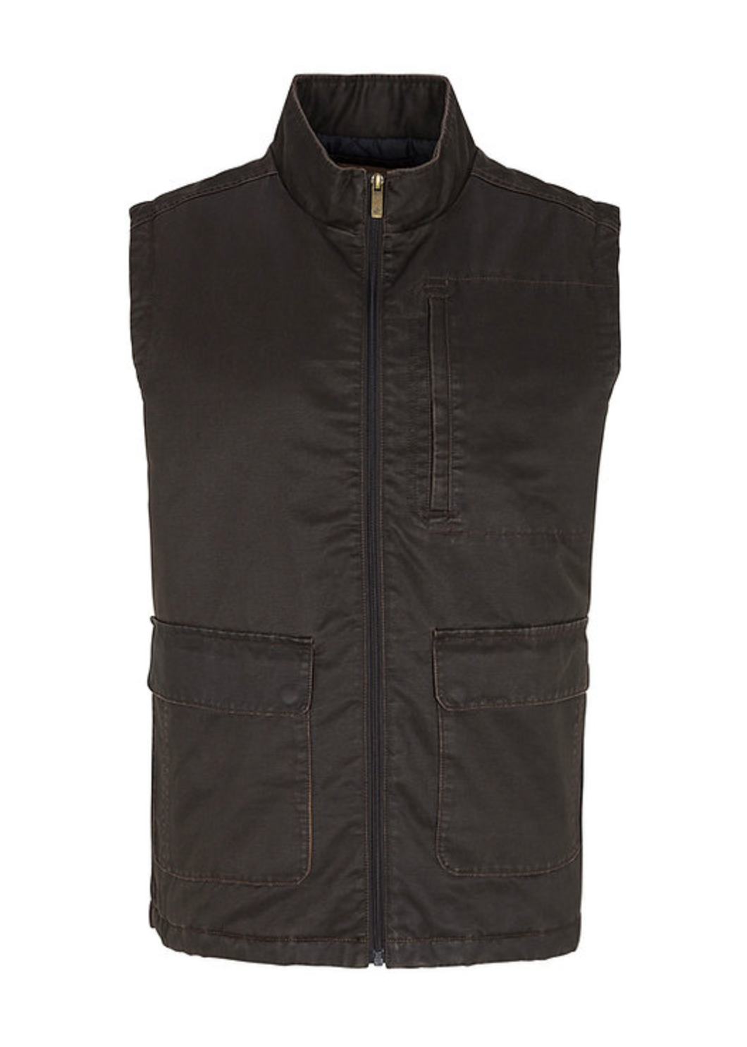 A sleeveless black zip-front vest with a stand collar and two front patch pockets, shown centered on a white webpage background with browser navigation elements visible around it.