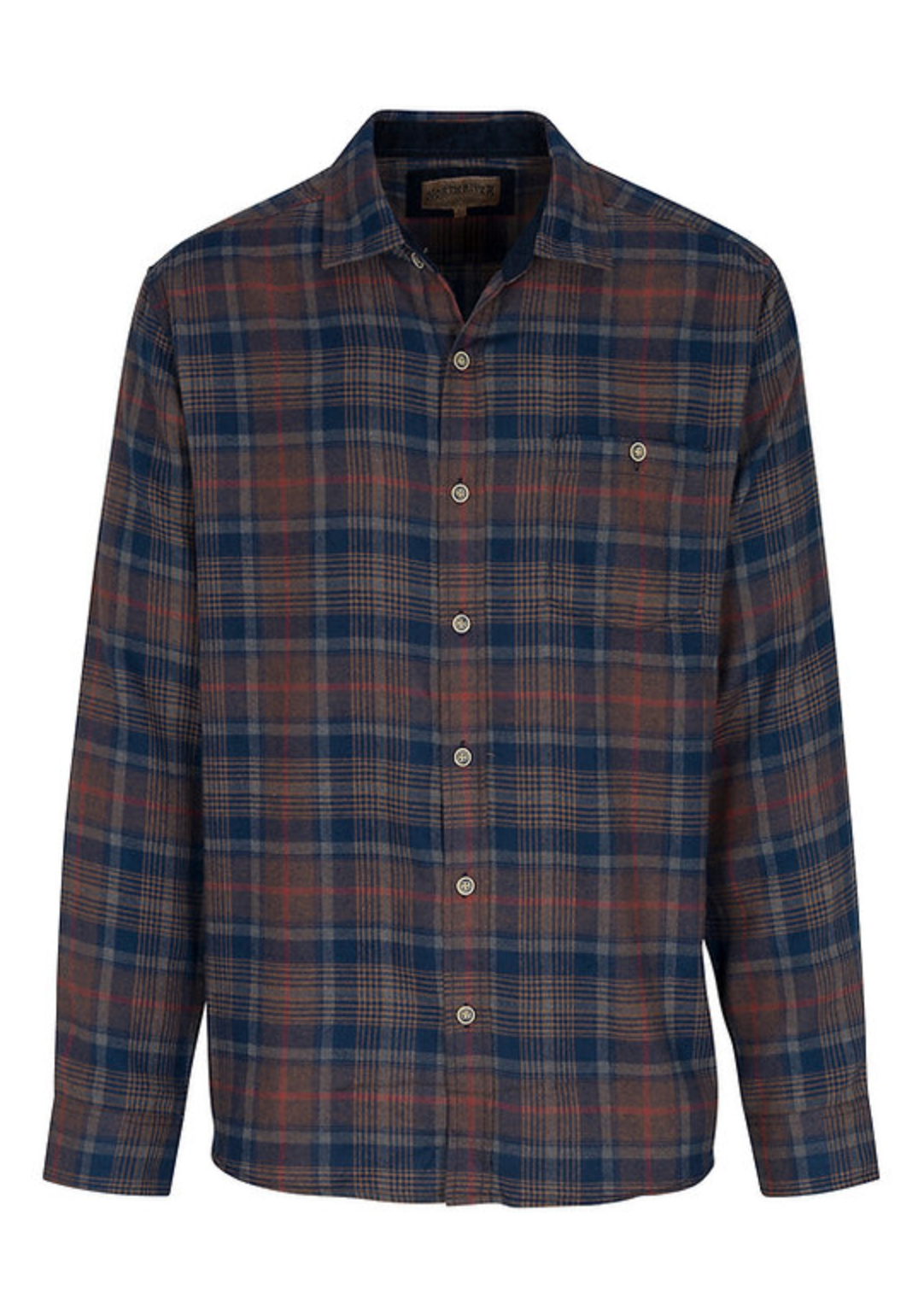 A long-sleeve plaid button-up shirt shown on a white webpage background. The shirt features a navy blue and rust-orange tartan pattern with a small embroidered chest logo.