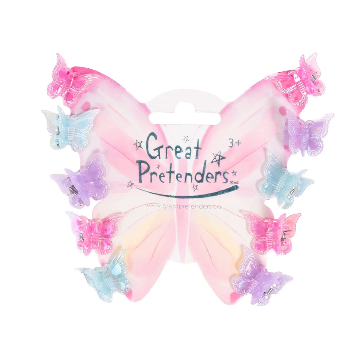 Set of colorful mini butterfly hair clips in pink, purple, and blue pastel shades.