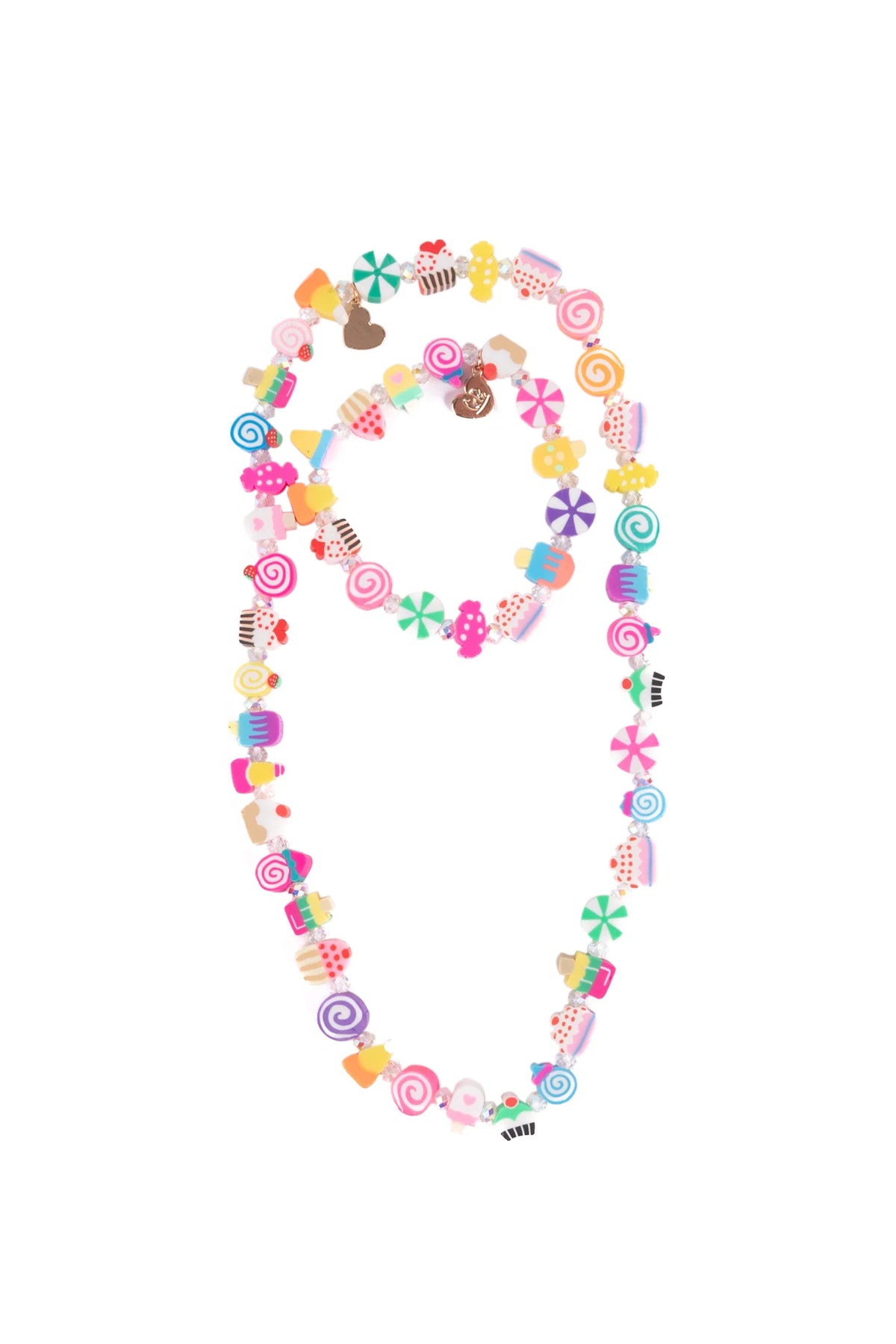 Multicolor beaded necklace and bracelet set with candy and lollipop-shaped beads on a white background.