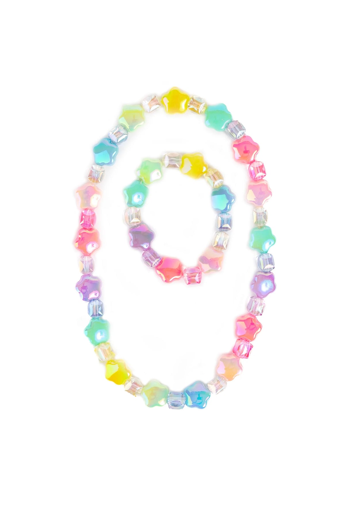 Multicolor beaded necklace and bracelet set with flower-shaped beads on a white background.