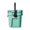 A mint green cooler with a black carrying handle and black lid hardware, shown from the back against a clean white background.