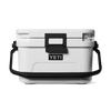 White YETI cooler with black handle and logo on a white background