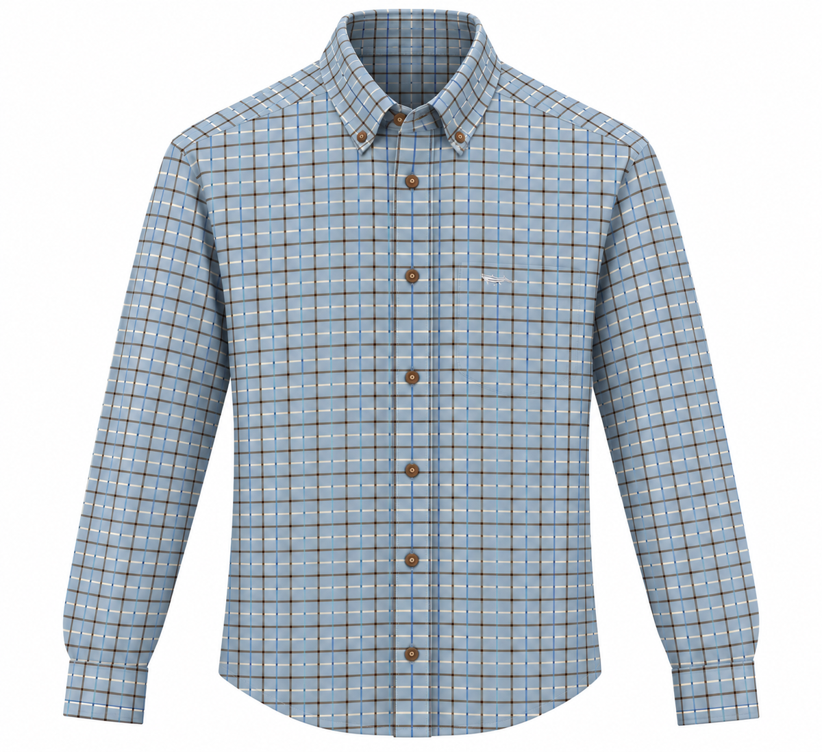A long-sleeve button-down shirt with a light blue and white plaid pattern and brown buttons, shown on a plain white background.