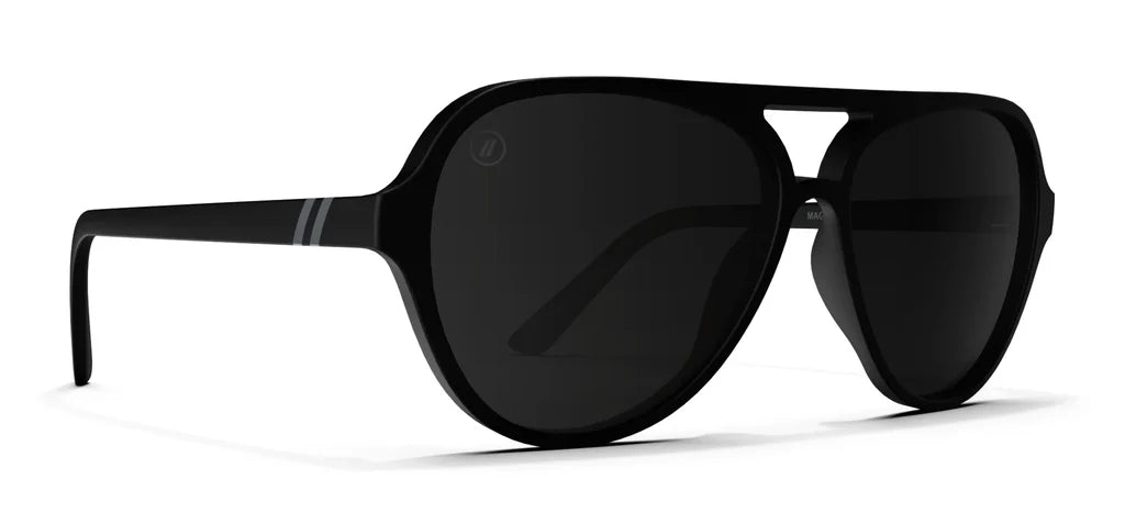 Black sunglasses with dark lenses on a white background