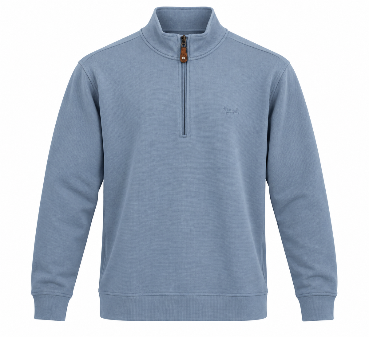 A light blue long-sleeve quarter-zip pullover sweatshirt with a small embroidered logo on the left chest, shown on a plain white background.