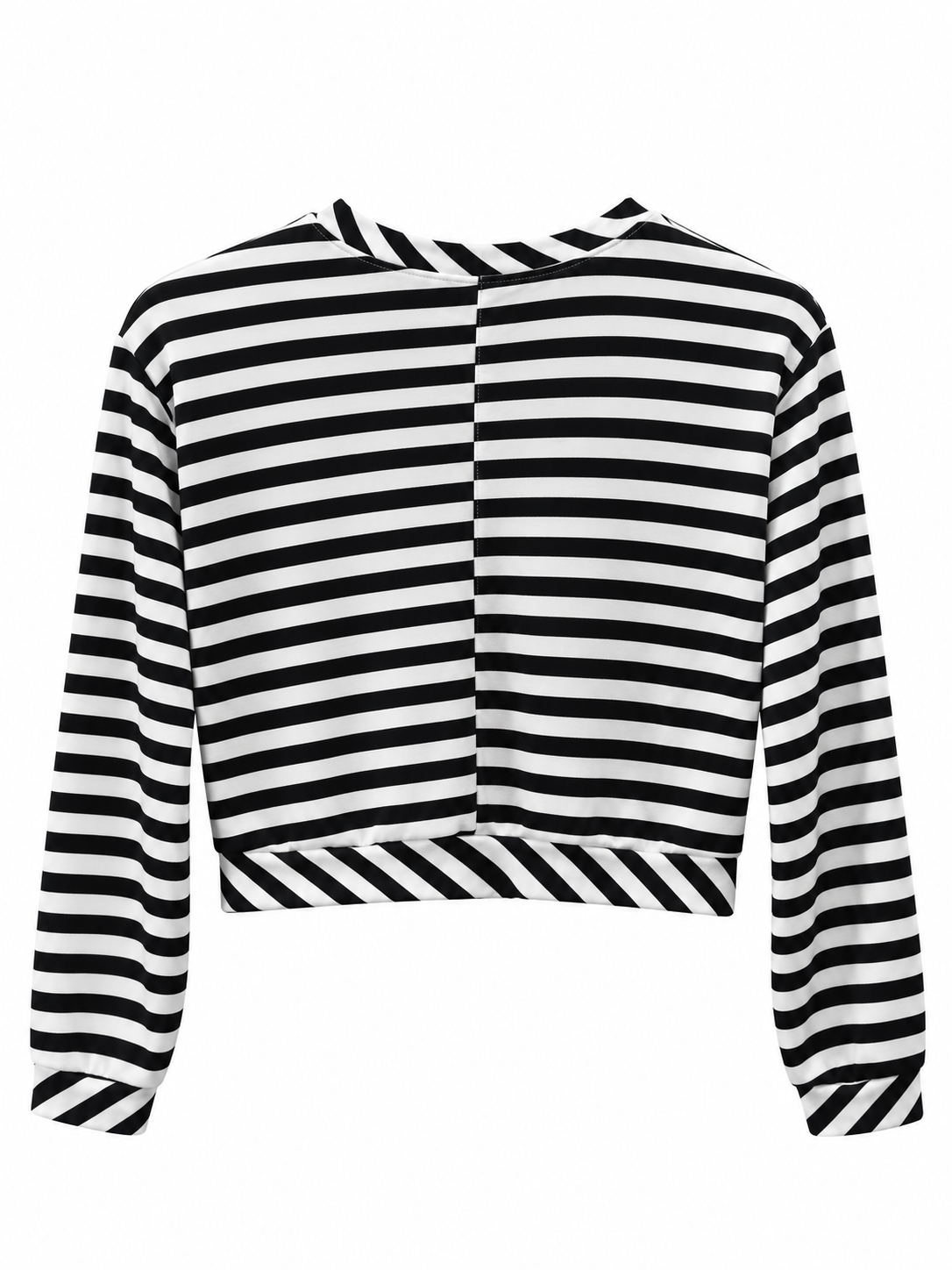 A black and white horizontally striped long-sleeve crop top with a crew neck, shown flat against a plain white background.