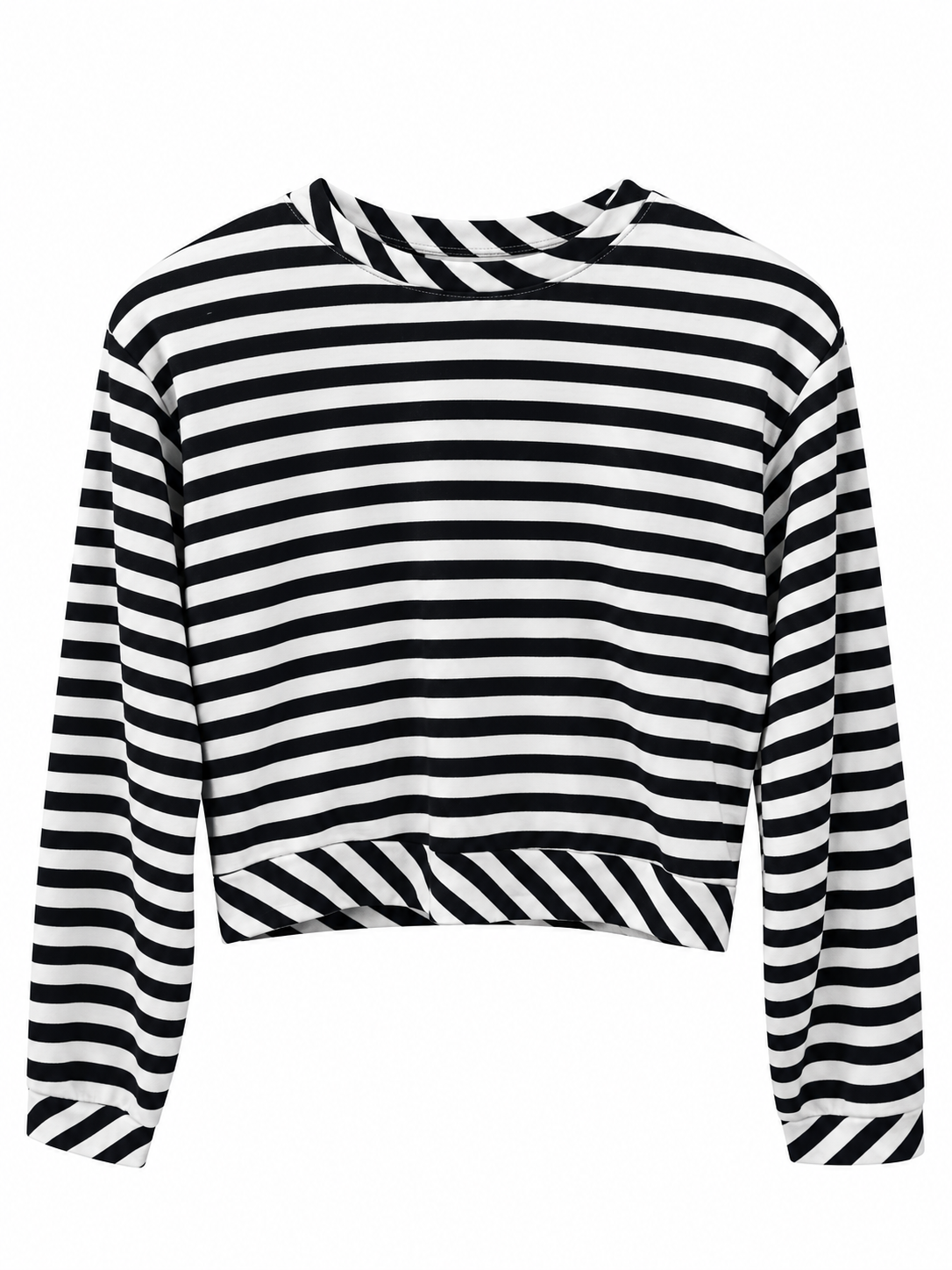 A black and white horizontally striped long-sleeve crop top with a crew neck, displayed on a clean white background.