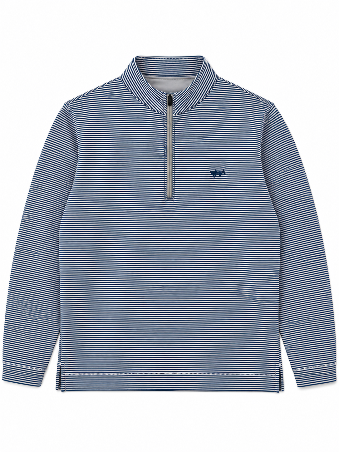 A long-sleeve quarter-zip pullover sweater with horizontal blue and white stripes, featuring a small embroidered horse logo on the left chest, displayed on a clean white background.
