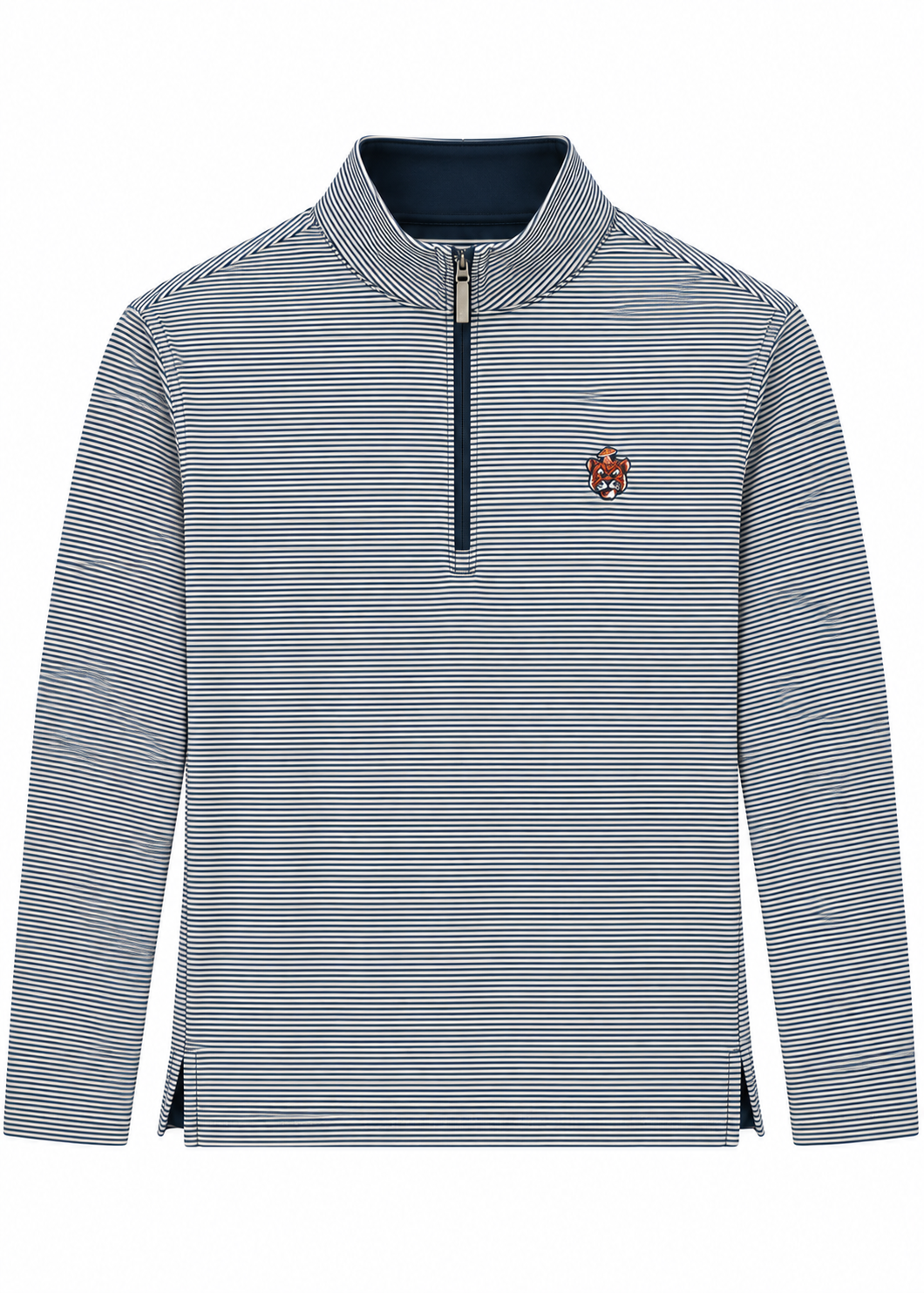 A long-sleeve quarter-zip pullover sweater with fine horizontal navy and white stripes, featuring a small embroidered crest on the left chest, displayed on a clean white background.