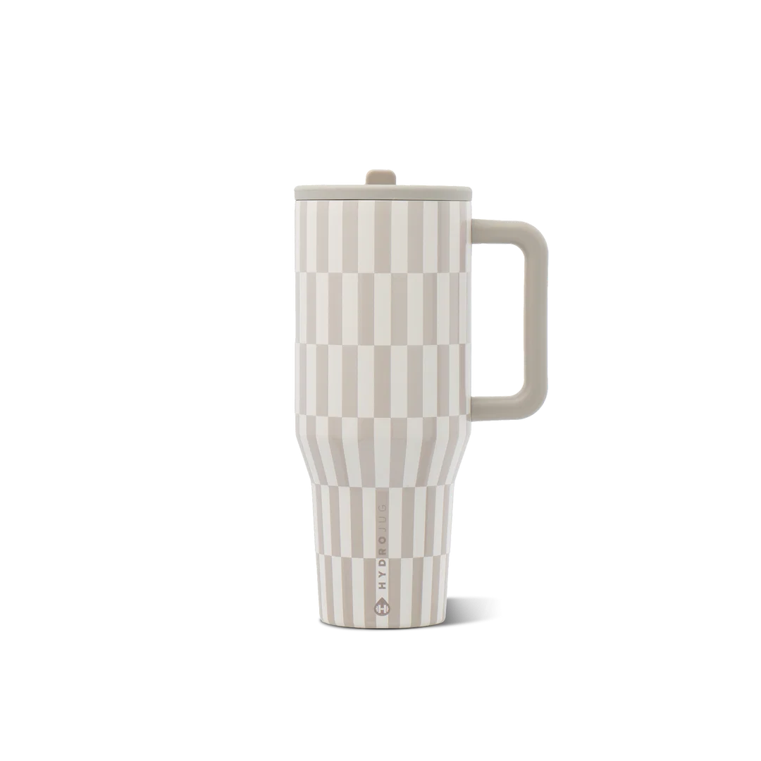 A travel tumbler with a lid and handle, featuring a vertical striped geometric pattern in beige and off-white. The brand name 'STOCKTON' is printed vertically near the base.