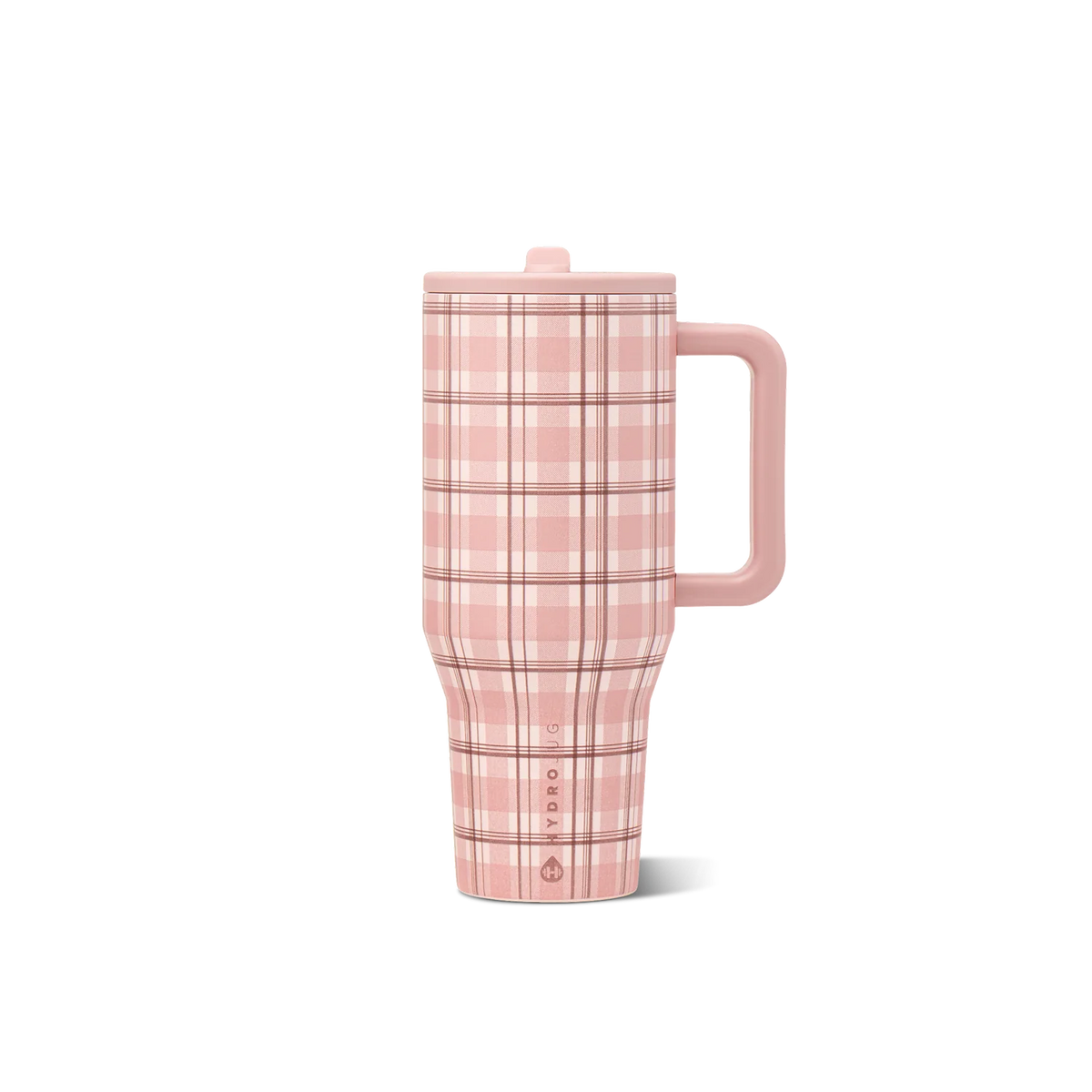 A travel tumbler with a pink and maroon plaid  pattern, featuring a dark pink handle and lid, shown on a solid white background.