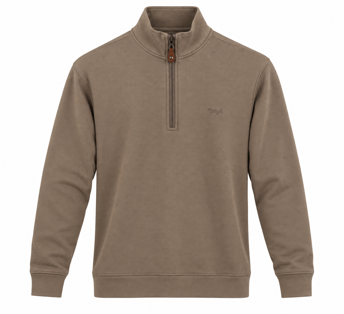 A taupe brown quarter-zip pullover sweatshirt with a small embroidered logo on the left chest, displayed on a clean white background.