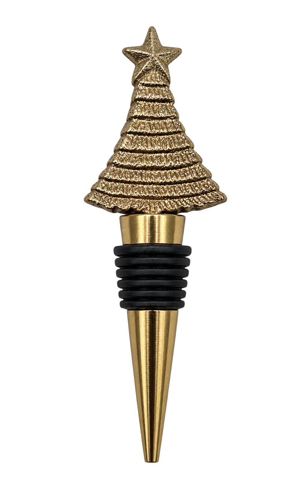 A gold-finished metal wine bottle stopper shaped like a Christmas tree with a textured star on top, a black rubber gasket, and a tapered cone base, shown on a plain white background.