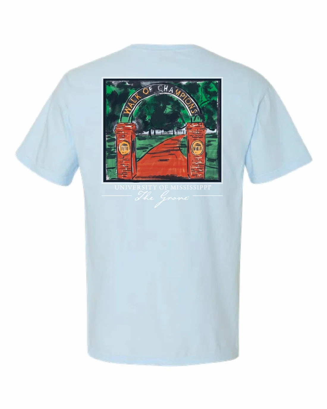 A light blue short-sleeve t-shirt shown from the back, featuring a large graphic print of an orange-red gate with green trees and the text 'Majestic' and 'The Groove'.