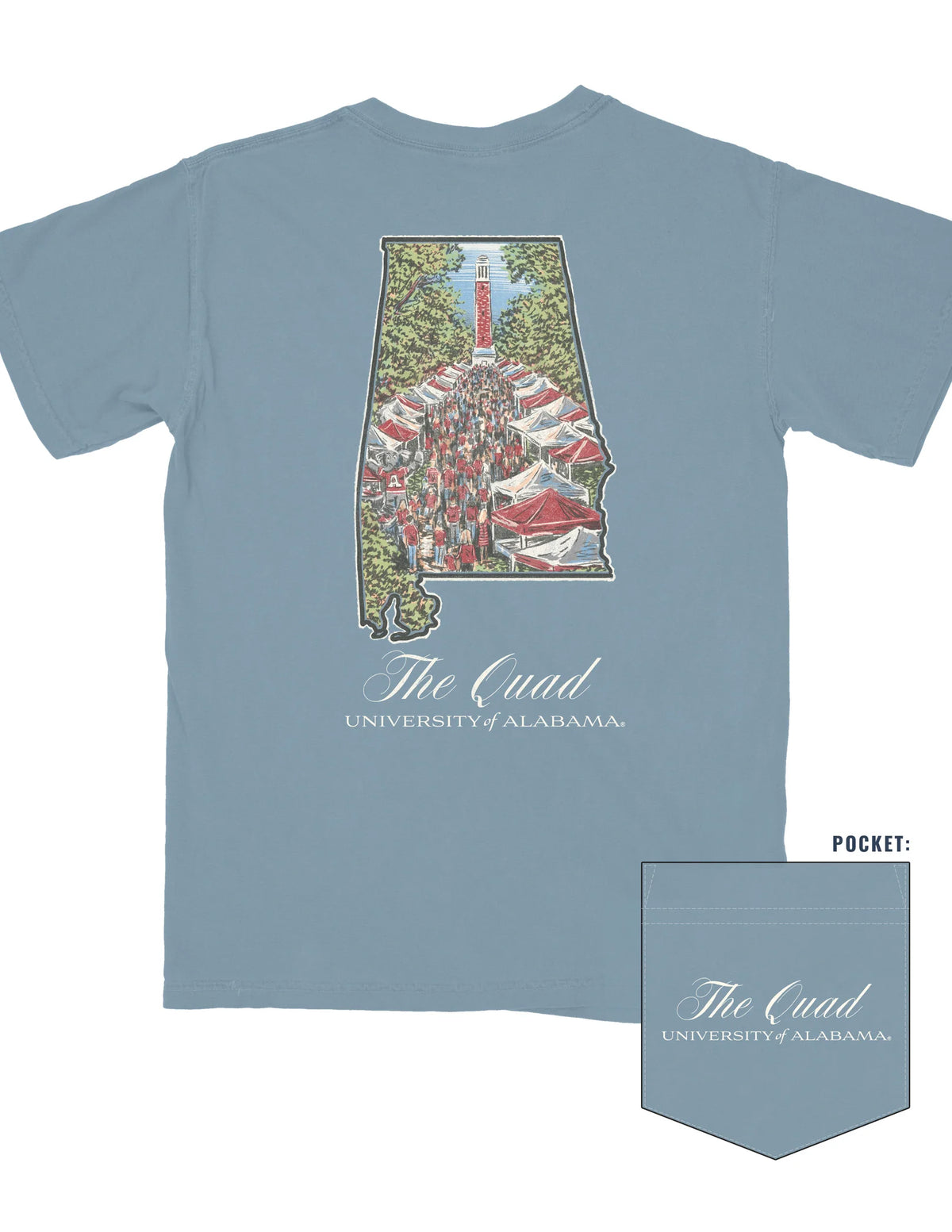 Blue t-shirt with 'The Quad, University of Alabama' graphic on a white background