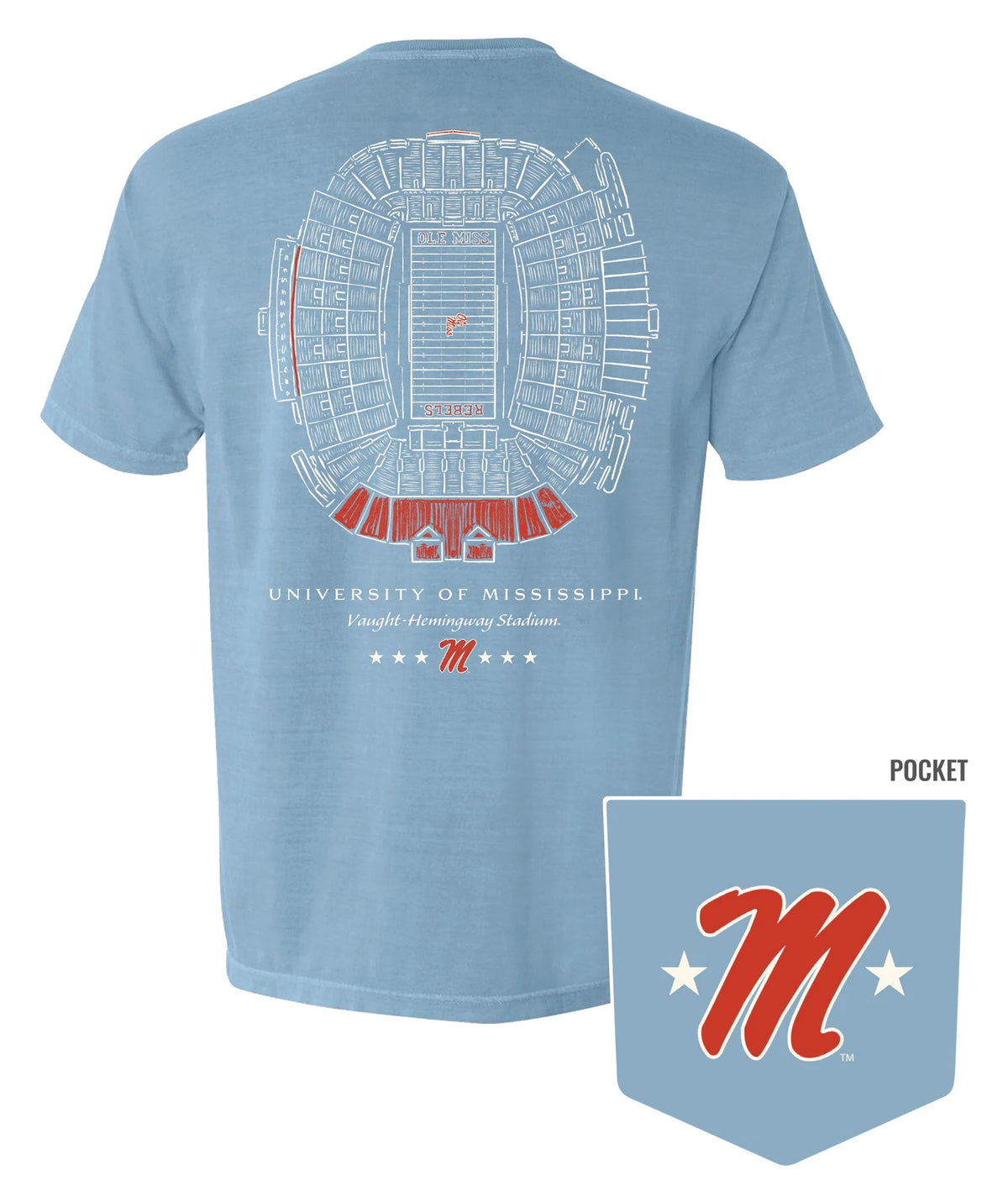 A light blue t-shirt shown from the back, featuring a detailed white and red stadium floor plan graphic with 'UNIVERSITY OF MISSISSIPPI' and 'Violetta Homecoming Stadium' printed below. A small inset in the bottom right corner shows a matching pocket graphic with a red 'M' and white stars on the light blue fabric.