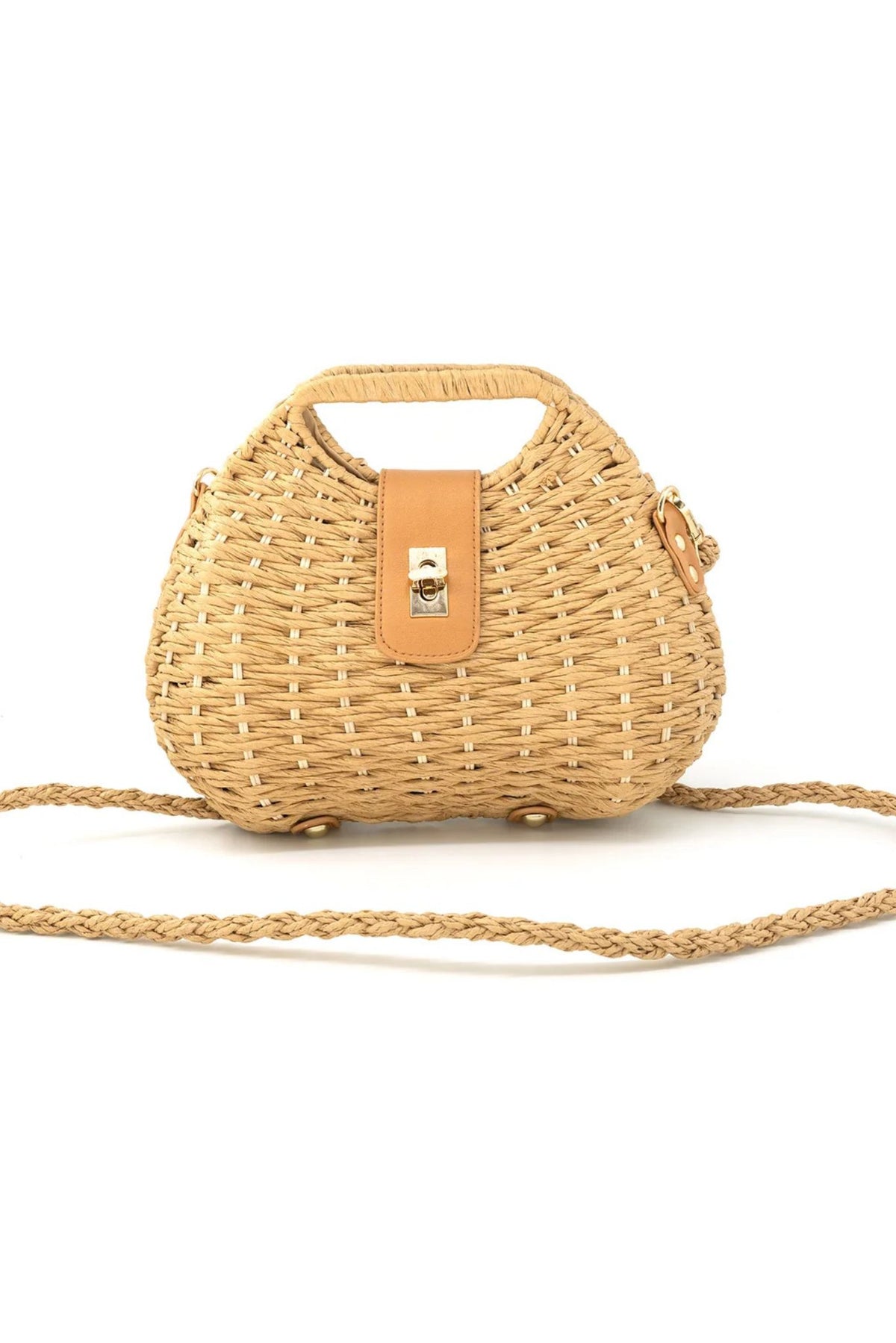 Woven handbag with a strap on a white background