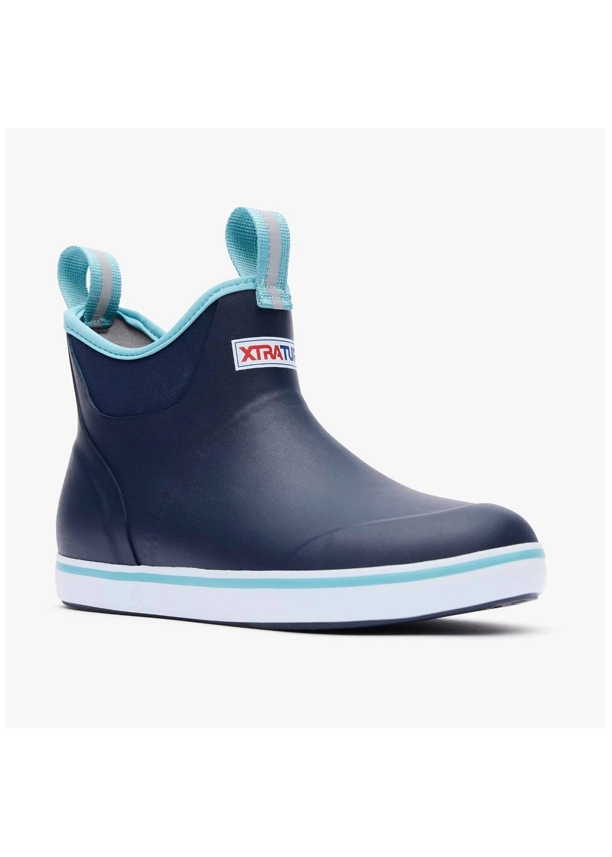 Navy rain boot with light blue trim and Xtratuf logo on a white background