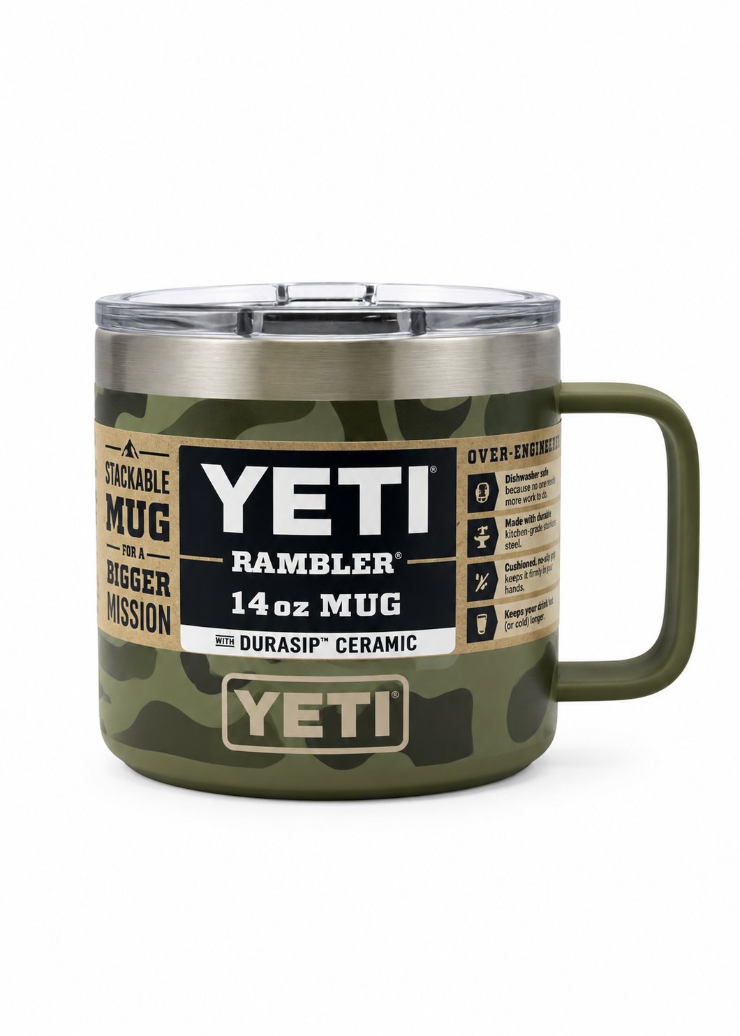 A YETI Rambler 14 oz tumed with a camouflage pattern in olive green and black, featuring a stainless steel rim, a clear lid, and a green handle.