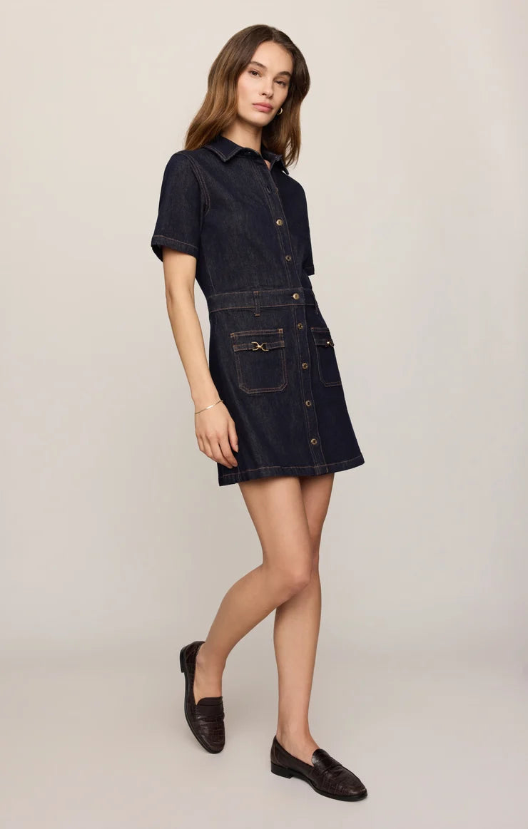 woman modeling denim button down dress with loafers 