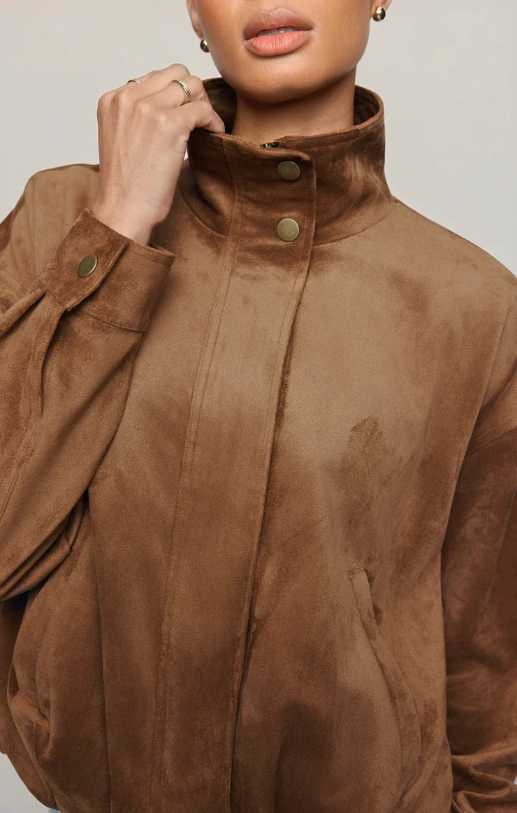 close up of the suede jacket zipped all the way up