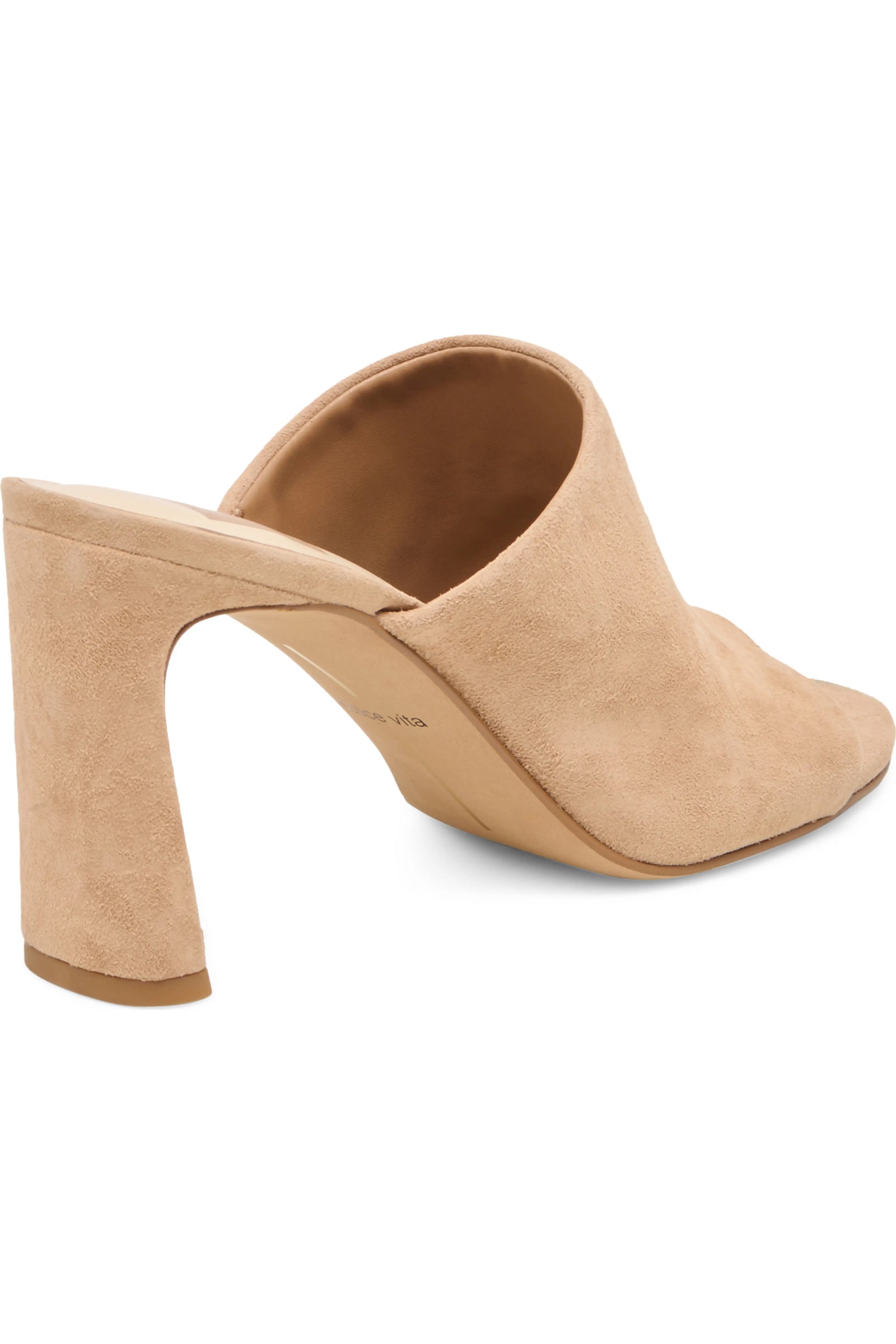 A single nude beige suede mule sandal with a chunky block heel and open toe, shown from a three-quarters angle on a white background.