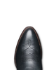 Top-down close-up of a black leather cowboy boot toe showing decorative stitching and contrast brown stitching along the edge, on a white background.