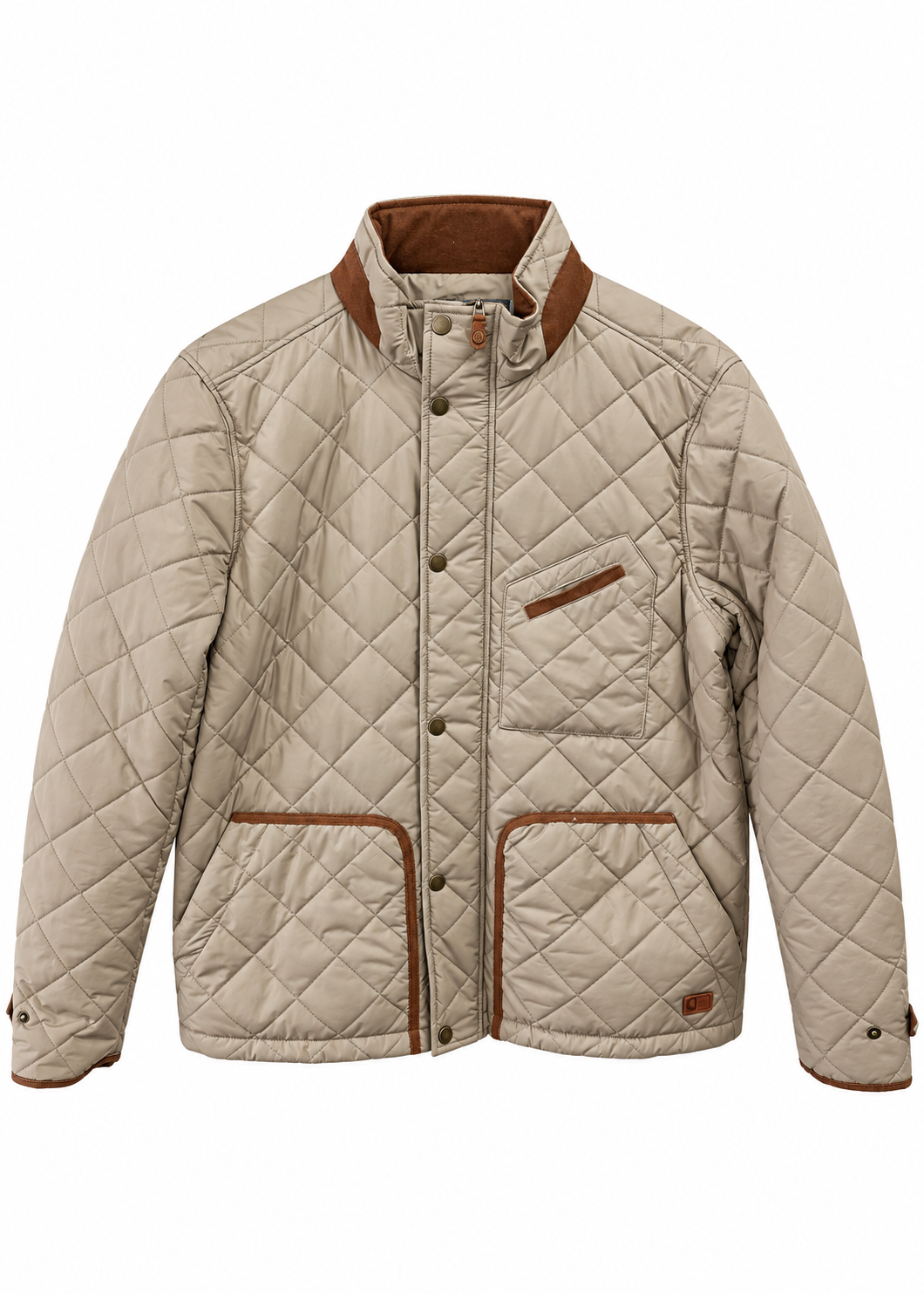 A tan colored mens quilted jacket with button closure on a white background 