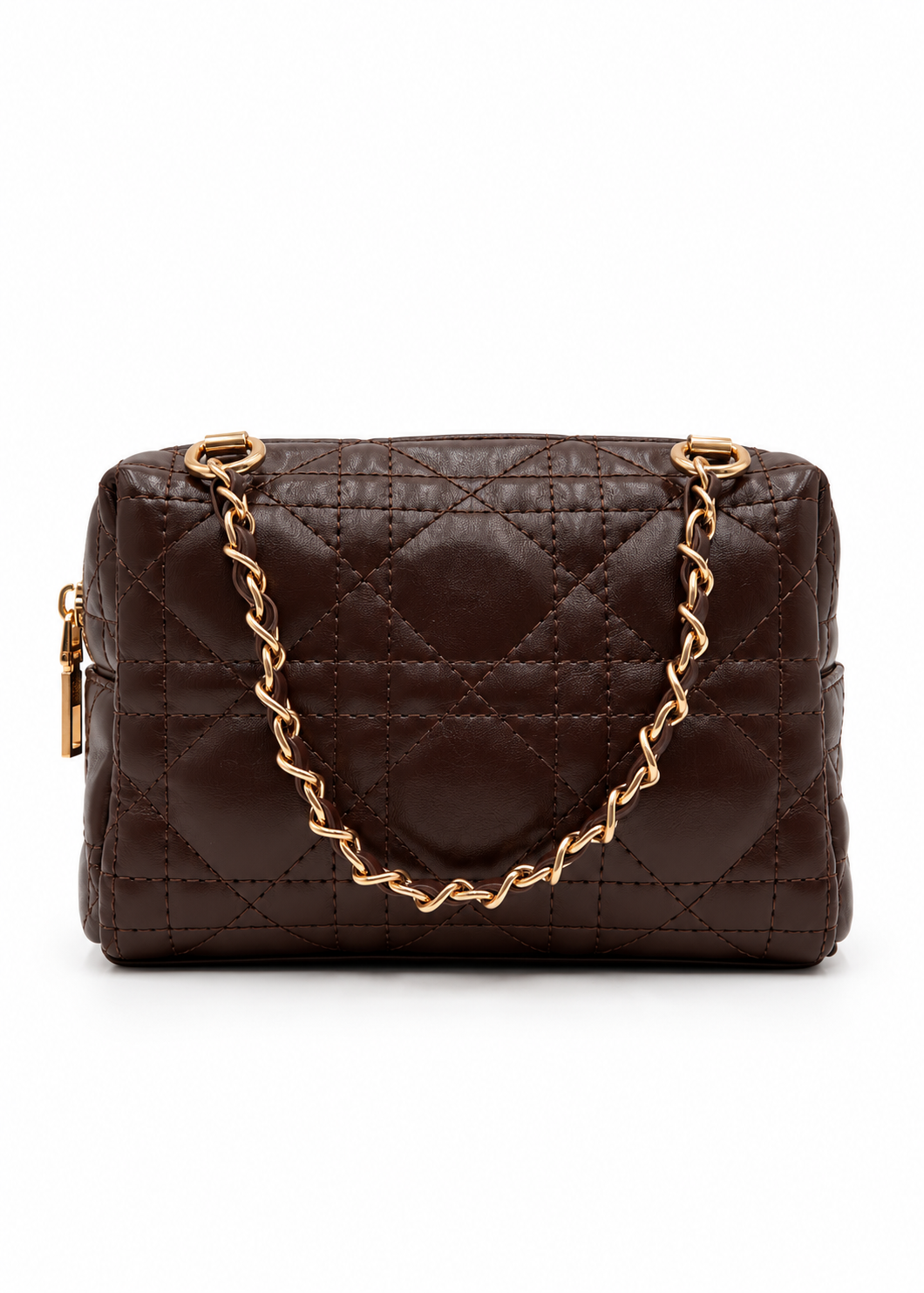 A dark brown quilted leather handbag with a gold-tone chain strap and gold hardware, shown against a plain white background.