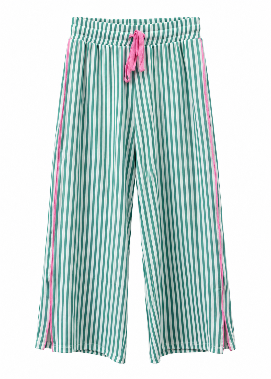 Green and white vertically striped wide-leg pants with a pink drawstring waist and pink side stripes, shown against a plain white background.